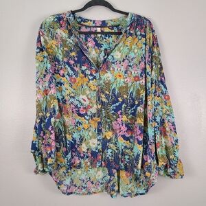 Anthropology Pilcro Cotton Watercolor Floral Balloon Batwing Sleeve Sidney Top